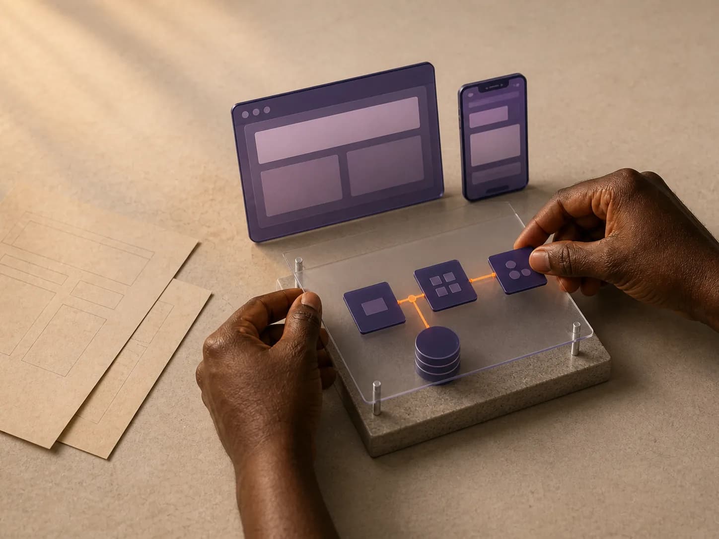 Deux mains assemblent des interfaces web et mobile, des services connectés, des données et un chemin de déploiement orange sur une table d’atelier.